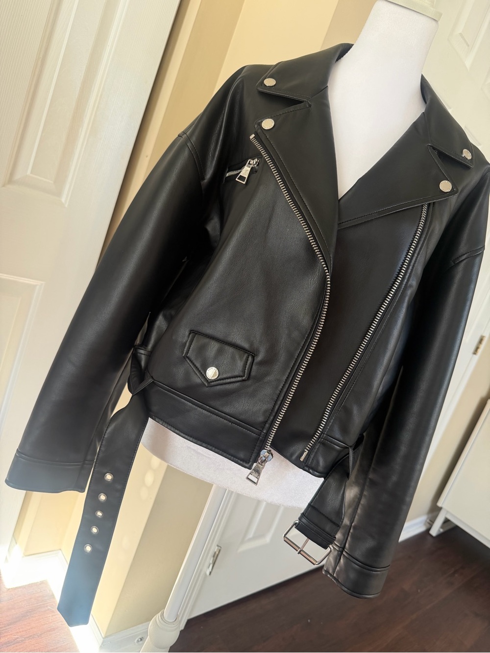 Karl Lagerfeld Black Faux Leather Moto Jacket with Silver Hardware